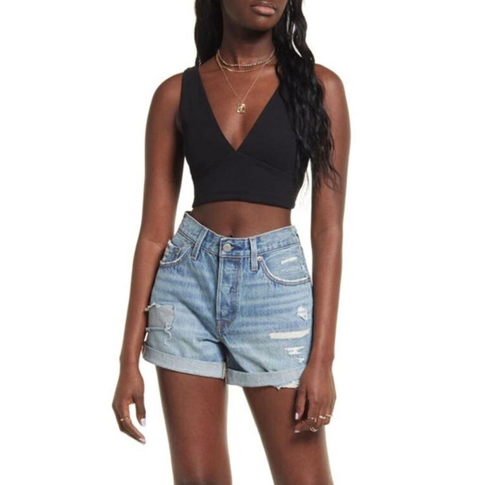 BP. Women's Cotton Blend Sleeveless Crop Double V Tank Top in Black 2XS MSRP $12